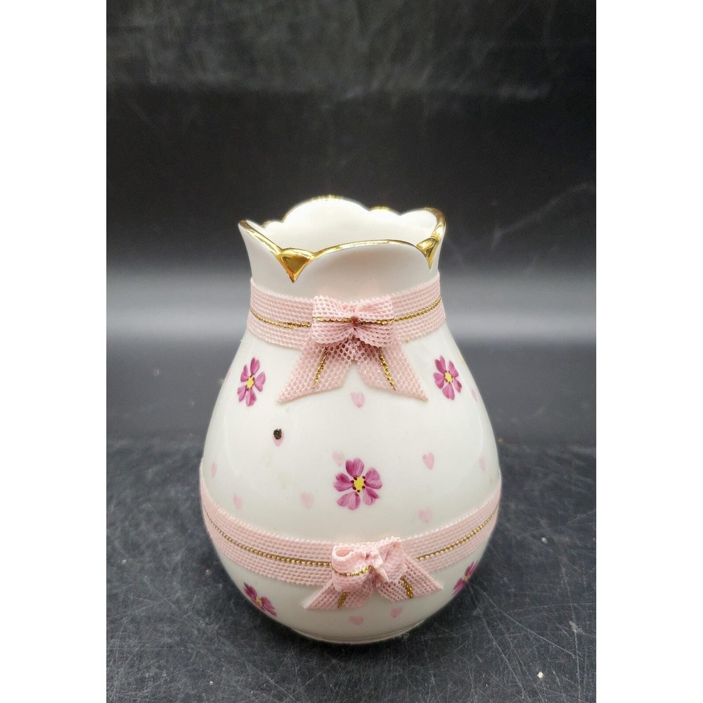 Vintage IRISH DRESDEN PORCELAIN Vase Flower PINK RIBBON AND Gold Trim 4"